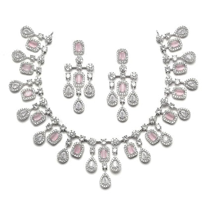 Rhodium-Plated Silver Toned Square Shaped American Diamond Studded Necklace with Earring Jewellery Set for Girls and Women - Rajputtrade