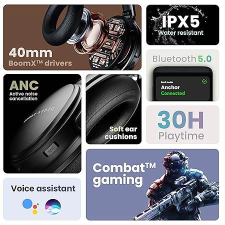 Boult Audio Anchor Bluetooth Wireless Over Ear Headphones with Mic, Active Noise Cancellation, 30H Playtime (Black) - Rajputtrade
