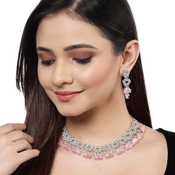 Choker Necklace And Drop Earrings Jewellery Set For Women (Pink) - Rajputtrade