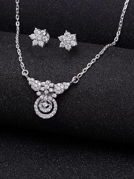 925 Sterling Silver Aria Pendant Earring Chain Jewellery Set | Platinum Plated, Swiss Zirconia | Gift for Women & Girls - Rajputtrade