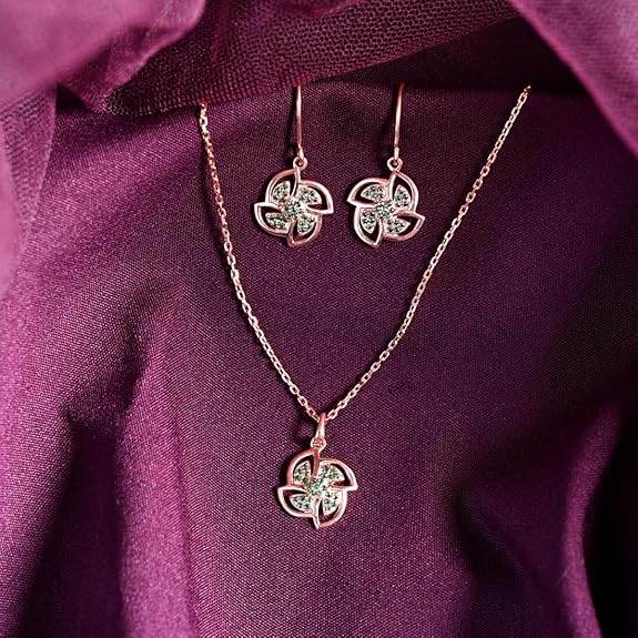 925 Sterling Silver Hermosa Pendant Earring Chain Jewellery Set | Rose Gold Plated, Swiss Zirconia | Gift for Women & Girls - Rajputtrade