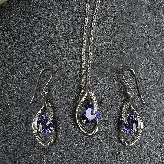 925 Sterling Silver Royal Blue Eye Pendant Earring Chain Jewellery Set | Rhodium Plated, Swiss Zirconia | Gift for Women & Girls - Rajputtrade