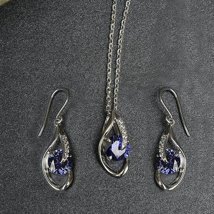925 Sterling Silver Royal Blue Eye Pendant Earring Chain Jewellery Set | Rhodium Plated, Swiss Zirconia | Gift for Women & Girls - Rajputtrade