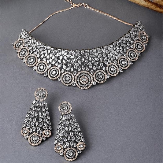 Rhodium-Plated Silver American Diamond Choker Necklace with Earrings Jewellery Set with Girls and Women - Rajputtrade