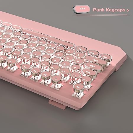 MageGee Typewriter Mechanical Gaming Keyboard, Retro Punk Round Keycap LED White Backlit USB Wired Keyboards for Game and Office, for Windows Laptop PC Mac - Blue Switches/Pink - Rajputtrade
