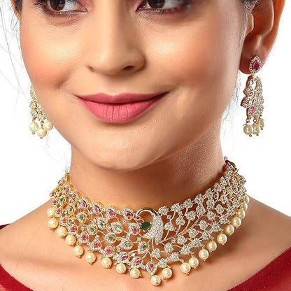 Gold Plated White & Red American Diamond Studded With Drop Pearl Beaded Jewellery Set For Women & Girl - Rajputtrade