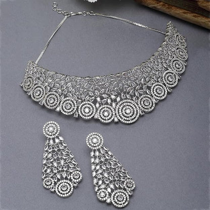 Rhodium-Plated Silver American Diamond Choker Necklace with Earrings Jewellery Set with Girls and Women - Rajputtrade