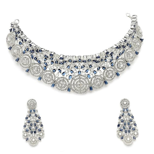 Rhodium-Plated Silver American Diamond Choker Necklace with Earrings Jewellery Set with Girls and Women - Rajputtrade