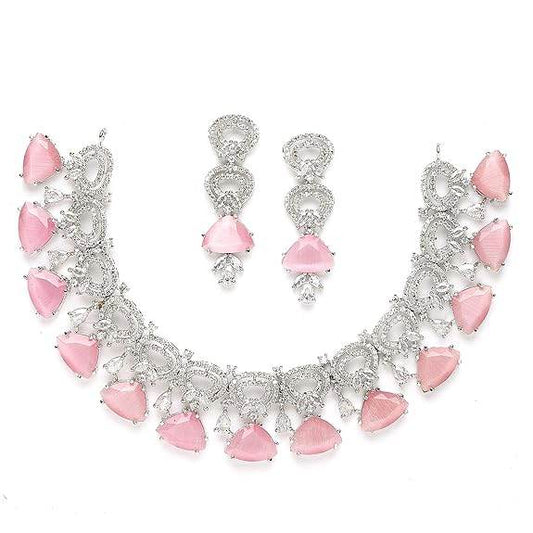 Choker Necklace And Drop Earrings Jewellery Set For Women (Pink) - Rajputtrade
