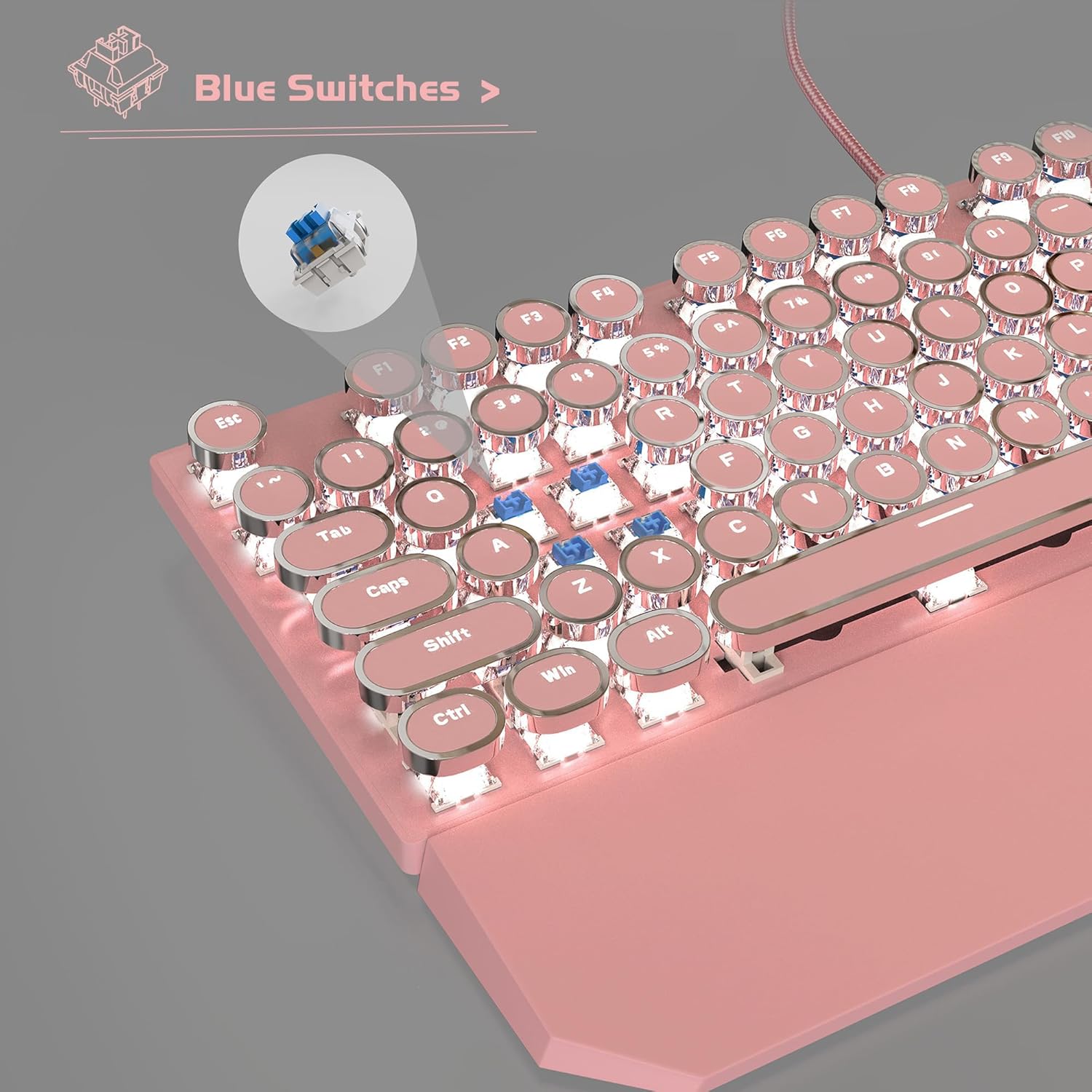 MageGee Typewriter Mechanical Gaming Keyboard, Retro Punk Round Keycap LED White Backlit USB Wired Keyboards for Game and Office, for Windows Laptop PC Mac - Blue Switches/Pink - Rajputtrade