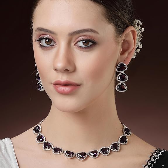 Silver Toned Triangular Shaped American Diamond Studded Jewellery Set For Women and Girl (Purple) - Rajputtrade