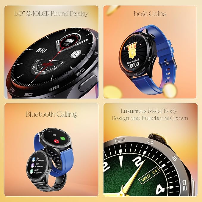 boAt Enigma Radiant Men's Luxury Watch w/Functional Crown, Upto 6 Days Battery, 1.43"(3.63 cm) AMOLED Display Smart Watch (Deep Blue)