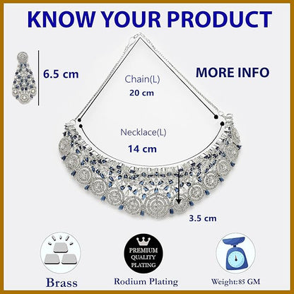 Rhodium-Plated Silver American Diamond Choker Necklace with Earrings Jewellery Set with Girls and Women - Rajputtrade