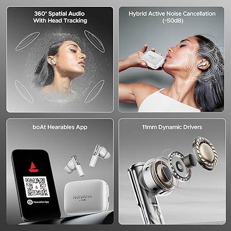 boAt Nirvana Ivy, 50dB Hybrid Active Noise Cancellation, 360º Spatial Audio,Fast Charge,App Support, v5.3 Bluetooth Earbuds, TWS Ear Buds Wireless Earphones with mic (Gunmetal White) - Rajputtrade