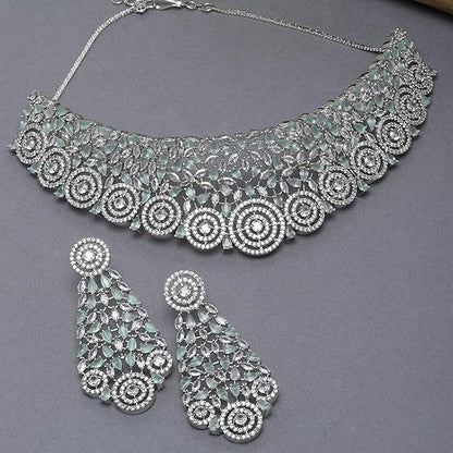 Rhodium-Plated Silver American Diamond Choker Necklace with Earrings Jewellery Set with Girls and Women - Rajputtrade