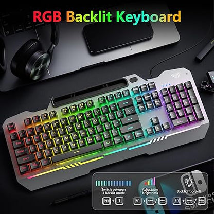 AULA T102 Keyboard and Mouse Combo | RGB Backlit Membrane Keyboard and Gaming Mouse | Wired Gaming Keyboard Set for Windows PC Gamers (Grey Panel | Black Keycaps)