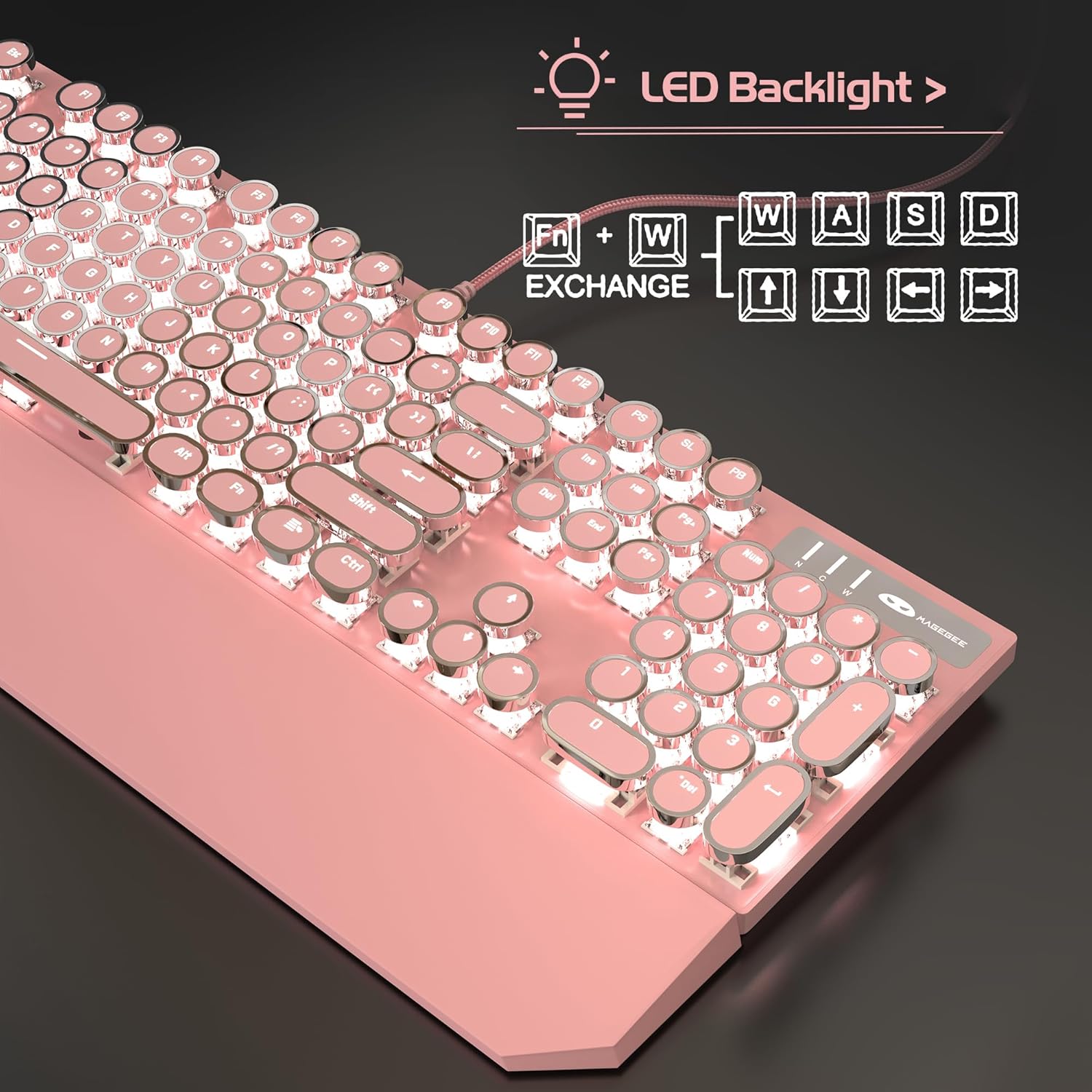 MageGee Typewriter Mechanical Gaming Keyboard, Retro Punk Round Keycap LED White Backlit USB Wired Keyboards for Game and Office, for Windows Laptop PC Mac - Blue Switches/Pink - Rajputtrade