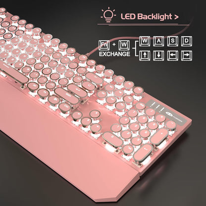MageGee Typewriter Mechanical Gaming Keyboard, Retro Punk Round Keycap LED White Backlit USB Wired Keyboards for Game and Office, for Windows Laptop PC Mac - Blue Switches/Pink - Rajputtrade