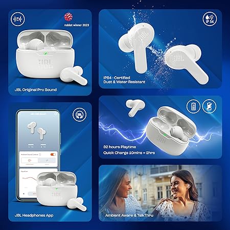 JBL Vibe Beam in-Ear Wireless Earbuds (TWS) with Mic,App for Customized Extra Bass Eq,32 Hours Battery&Quick Charge,Ip54 Water&Dust Resistance,Ambient Aware&Talk-Thru,Google Fastpair (White)