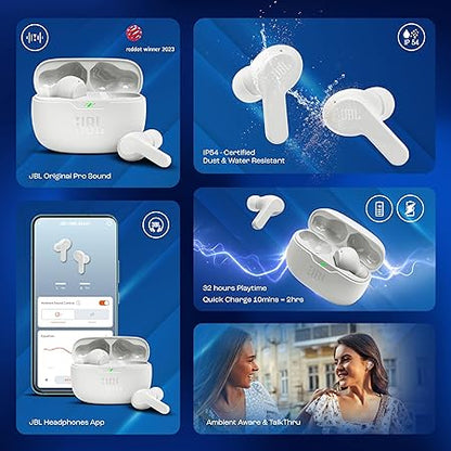 JBL Vibe Beam in-Ear Wireless Earbuds (TWS) with Mic,App for Customized Extra Bass Eq,32 Hours Battery&Quick Charge,Ip54 Water&Dust Resistance,Ambient Aware&Talk-Thru,Google Fastpair (White)