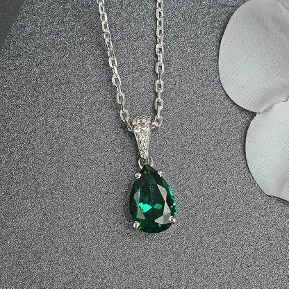 925 Sterling Silver Dark Green Tear Drop Pendant Earring Chain Jewellery Set | Rhodium Plated, Swiss Zirconia | Gift for Women & Girls - Rajputtrade