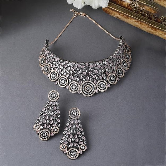 Rhodium-Plated Silver American Diamond Choker Necklace with Earrings Jewellery Set with Girls and Women - Rajputtrade
