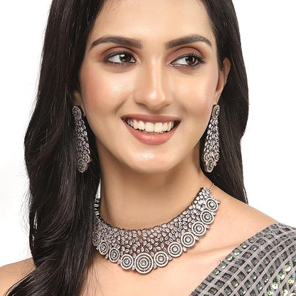 Rhodium-Plated Silver American Diamond Choker Necklace with Earrings Jewellery Set with Girls and Women - Rajputtrade