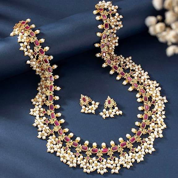 Gold Plated Designer Red Long Necklace Pearl Dangle Earring Jewellery Set for Women Girls - Rajputtrade