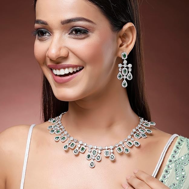 Rhodium-Plated Silver American Diamond Choker Necklace with Earrings Jewellery Set with Girls and Women - Rajputtrade