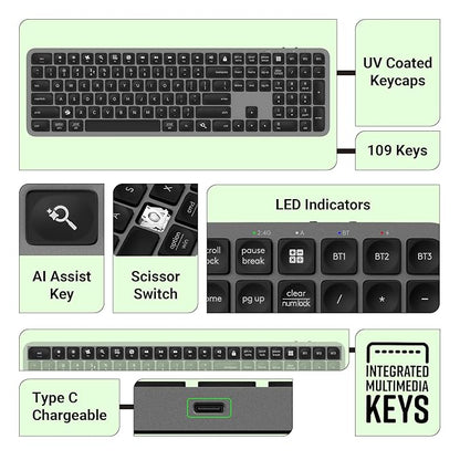 ZEBRONICS K5002MW Slim Wireless Keyboard with in-Built Battery, Copilot AI Key, Windows | Mac | iOS | Android, Scissor Switch, 3 Bluetooth + 2.4Ghz, 109 Keys, 13 Multimedia Keys, Type C Charging - Rajputtrade