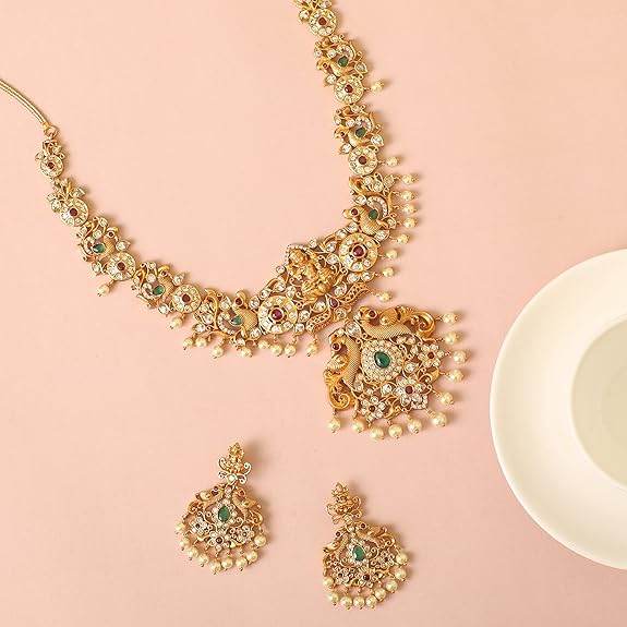 Gold Plated Jaya Long Necklace Set with Lakshmi Idol & Peacock Design - Jewelry Set (White Red Green) - Rajputtrade