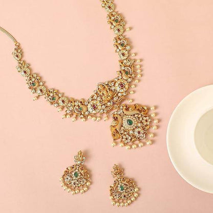 Gold Plated Jaya Long Necklace Set with Lakshmi Idol & Peacock Design - Jewelry Set (White Red Green) - Rajputtrade