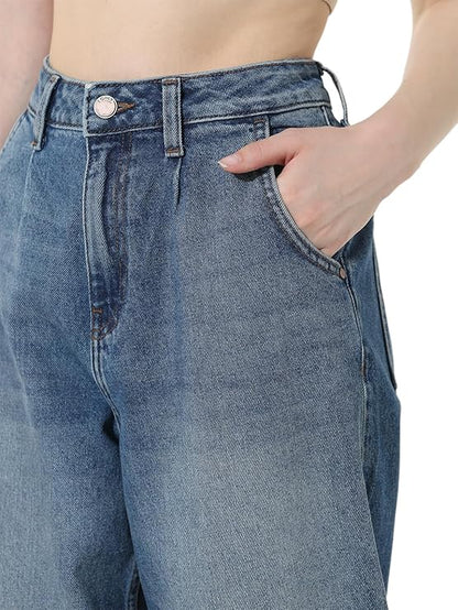 Women's Loose Fit Jeans, Medium Blue Denim (Size 34) - Rajputtrade