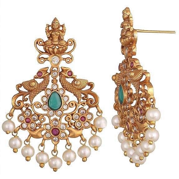 Gold Plated Jaya Long Necklace Set with Lakshmi Idol & Peacock Design - Jewelry Set (White Red Green) - Rajputtrade
