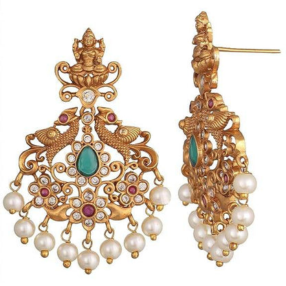 Gold Plated Jaya Long Necklace Set with Lakshmi Idol & Peacock Design - Jewelry Set (White Red Green) - Rajputtrade