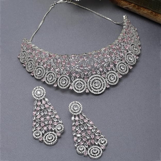Rhodium-Plated Silver American Diamond Choker Necklace with Earrings Jewellery Set with Girls and Women - Rajputtrade