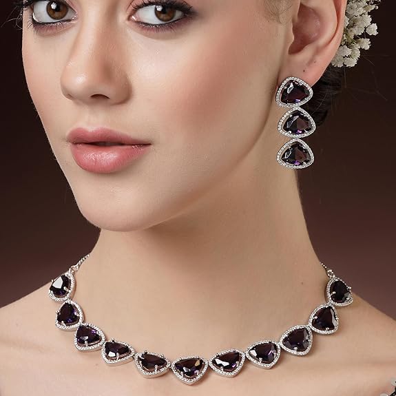 Silver Toned Triangular Shaped American Diamond Studded Jewellery Set For Women and Girl (Purple) - Rajputtrade