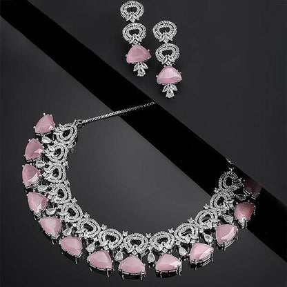 Choker Necklace And Drop Earrings Jewellery Set For Women (Pink) - Rajputtrade