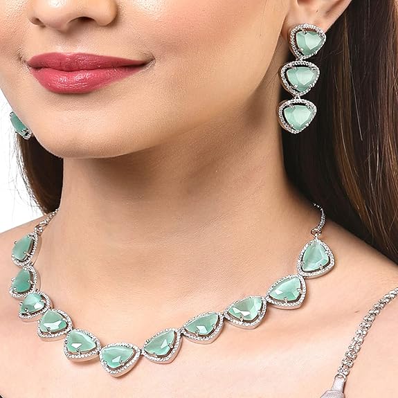 Silver Toned Triangular Shaped American Diamond Studded Jewellery Set For Women and Girl (Sea Green) - Rajputtrade