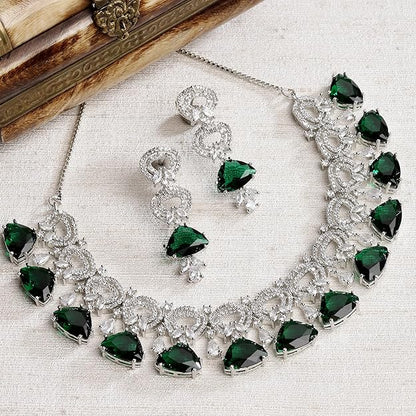 Rhodium-Plated With Silver-Toned Red And White American Diamond Studded Choker Necklace And Drop Earrings Jewellery Set For Women - Rajputtrade