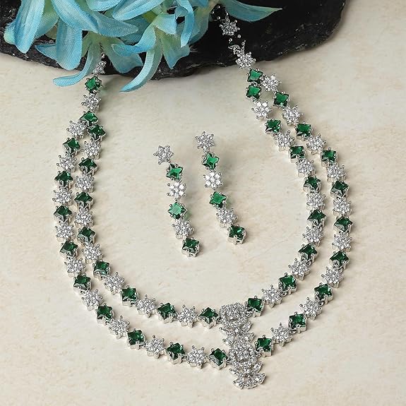 Necklace With Earrings Jewellery Set For Girls and Women (Green) - Rajputtrade