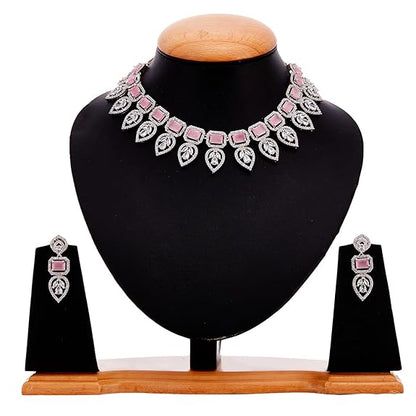 Jewellery Set Leaf Style AD/ Rose Gold Plated Handcrafted Circle Necklace Set for Women & Girls (Pink White) - Rajputtrade