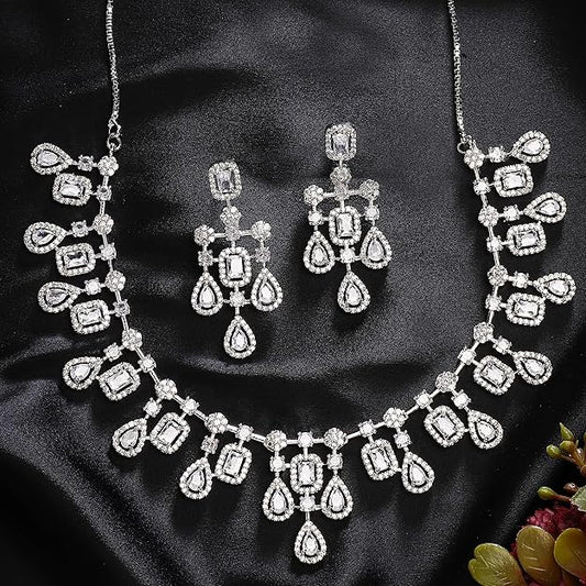 Rhodium-Plated Silver Toned Square Shaped American Diamond Studded Necklace with Earring Jewellery Set for Girls and Women - Rajputtrade