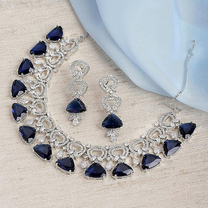 Rhodium-Plated With Silver-Toned Red And White American Diamond Studded Choker Necklace And Drop Earrings Jewellery Set For Women - Rajputtrade