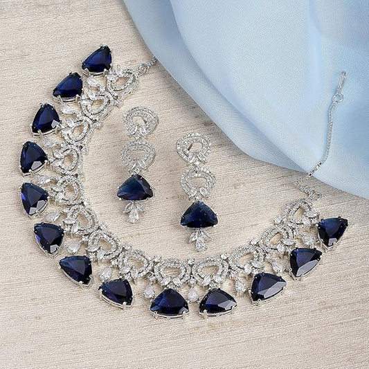 Rhodium-Plated With Silver-Toned Red And White American Diamond Studded Choker Necklace And Drop Earrings Jewellery Set For Women - Rajputtrade