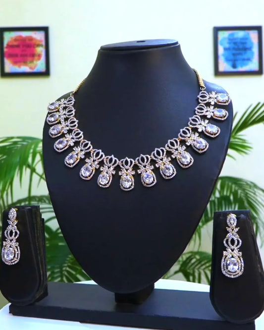 American Diamond CZ Rose Gold Plated Designer Jewellery Set/Necklace Set with Chain & Earring for Girls/Women - Rajputtrade