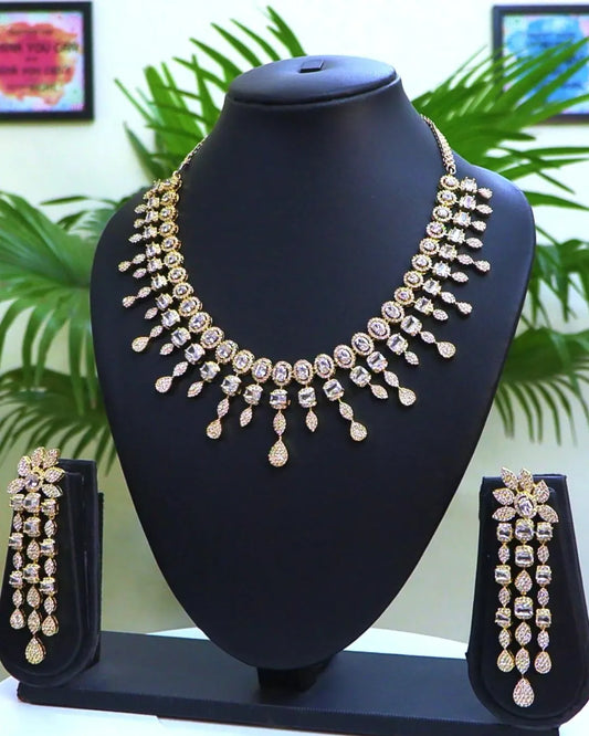 Rhodium-Plated with Silver-Toned White Cubic Zirconia & American Diamond studded Necklace and Drop Earrings Jewellery Set for women - Rajputtrade